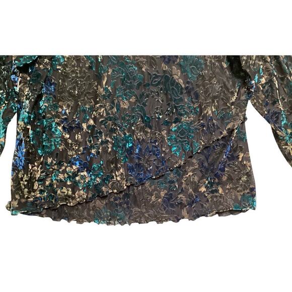 Coldwater creek velvet burnout faux wrap flare long sleeve blouse L - Picture 4 of 6